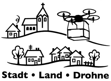 Projektlogo von Stadt-Land-Drohne als schwarz-weiße Zeichnung. Zu sehen eine Kirche oben links, eine Lieferdrohne oben rechts, unten mehrere Häuser und Bäume. . 